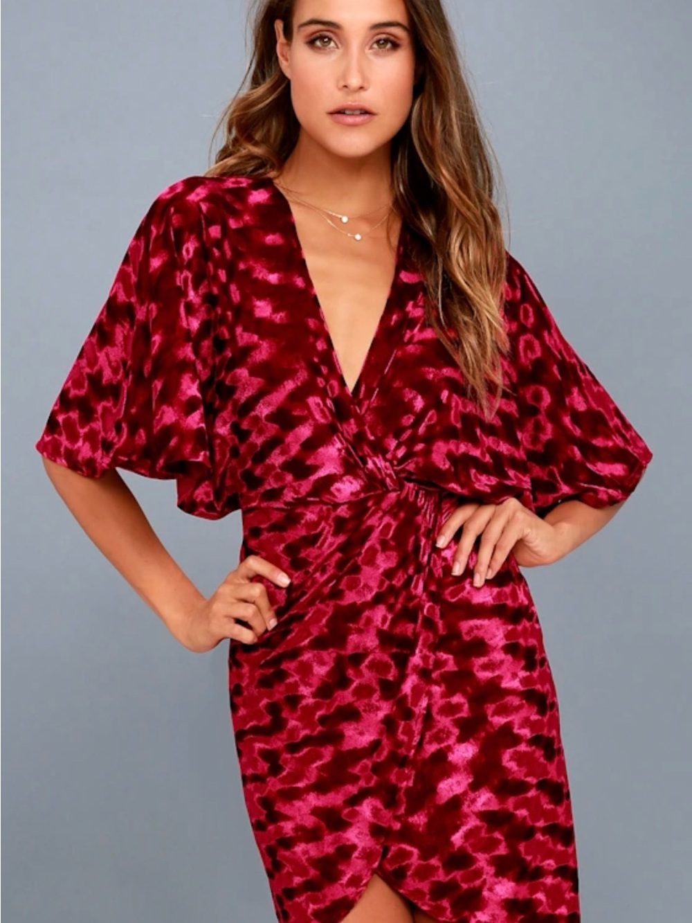 Lulu's Deep Magenta Velvet Plunge Dress B1#17